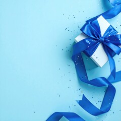 A light-blue background showcases a white gift box with a blue ribbon bow.  Scattered glitter adds a festive touch