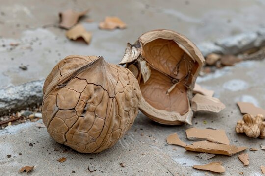 Close up of a cracked cerbera odollam fruit showing its hard shell on the ground