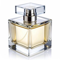 Square perfume bottle, clear glass, gold liquid