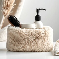 Beige faux fur pouch holds skincare and hairbrush.  White containers with pump bottle.  Natural light, minimalist aesthetic