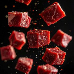 Cubes of raw beef, in mid-air, with spice