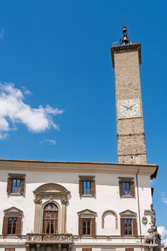 Italy - Viterbo - Palazzo dei Priori - Renaissance facade and tall civic clock tower dominating Piazza del Plebiscito