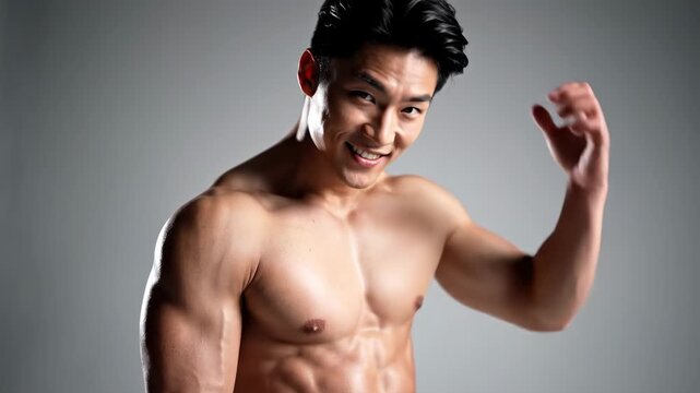 Muscular asian man posing shirtless with powerful biceps and abs, showcasing a fit body for fitness and health concepts