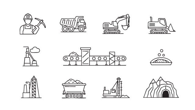 Line art icons for mining industry workers heavy equipment and resource extraction operations