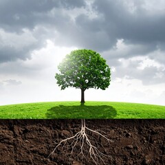 Single tree on a grassy hill, roots visible beneath