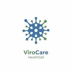 Stylized blue and green virus or cell-like logo with text 'COMPANY NAME' and 'TAGLINE' on a white background, representing a corporate identity.