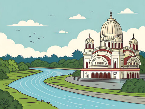 Dakshineswar Kali Temple, minimal vector art, riverside scene