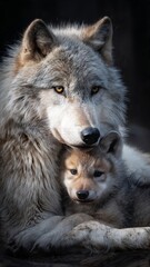 Fototapeta premium Mother Wolf Protecting Pup Tenderly