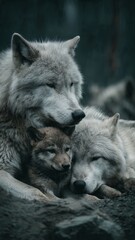 Wolf Family Cuddling Protectively in Forest

