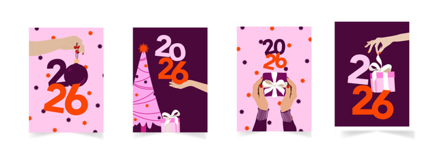 Fototapeta premium Souhaiter une belle année 2026 avec ces cartes de voeux illustrées modernes et colorés - des mains mettent en avant l'année 2026 ou des cadeaux pour prédire une bonne année