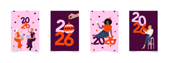 Ensemble de cartes de voeux pour une bonne ann&eacute;e 2026 - illustrations vectorielles moderne avec des personnages f&eacute;minins et des mains -teintes rose et orange.
