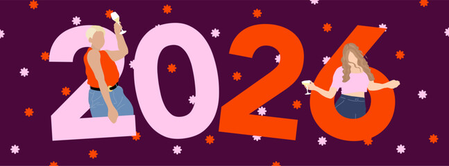 Banni&egrave;re web 2026, pour c&eacute;l&eacute;brer la nouvelle ann&eacute;e avec ses clients - illustrations vectorielles avec des silhouettes de femmes qui dansent une coupe de champagne &agrave; la main 