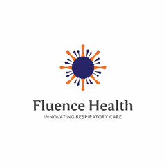 Fototapeta premium A logo featuring a central teal circle with radiating lines connecting to smaller dark grey circles, symbolizing technology, network, or data.