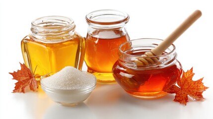 Glass honey jars arranged with sugar and maple leaves on white