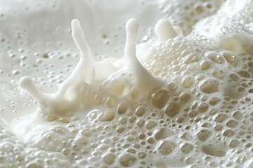 Close up of milk splashing, creating crown shaped peaks and bubbles on a white milky surface