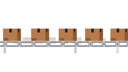 Cardboard boxes are efficiently transported along a gray conveyor belt in a streamlined industrial setting.