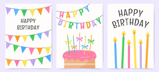 Happy birthday greeting cards with colorful garlands, candles and cake. Bright cartoon style illustration for party invitation, celebration design, or holiday decoration