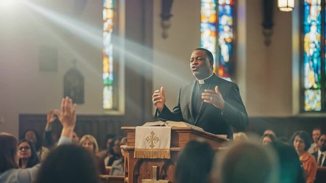 Powerful Black pastor preaches inspirational sermon from church pulpit.