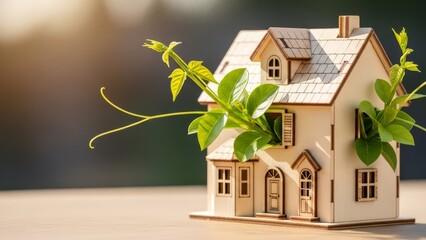 Embracing a sustainable real estate future a miniature home with vibrant green growth symbolizing eco-friendly living and investment prospects