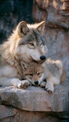 Fototapeta premium Mother Wolf Resting Head on Sleeping Cub