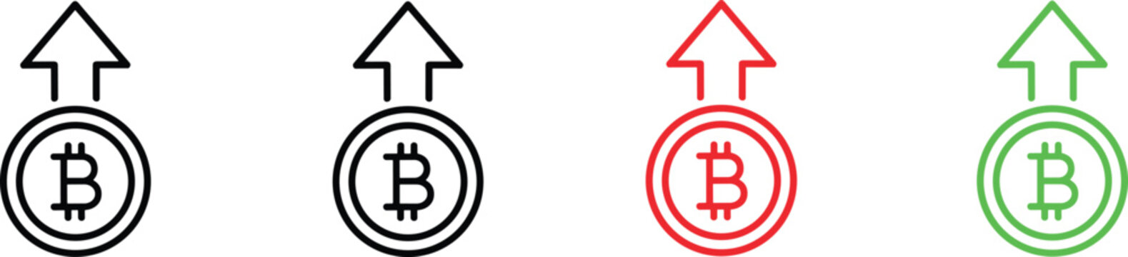 Vector line icon set featuring bitcoin cryptocurrency coins with upward growth arrows in black red and green colors for financial market analysis and trading