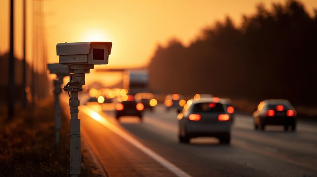 Traffic surveillance cameras monitoring a highway during a golden sunset with blurred cars in the background