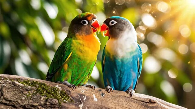 Two colorful lovebirds sitting closely on a natural wooden branch on nature background