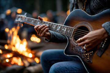 Fototapeta premium Playing guitar by the campfire with friends under the evening sky