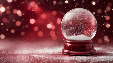 Festive snow globe with red base on a snowy surface, glowing bokeh lights in the background. Ideal for Christmas, winter promotions, and seasonal greeting visuals.