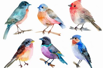 Fototapeta premium Watercolor painting showcasing a vibrant collection of birds, each perched delicately on a branch, displaying a variety of colors and plumage