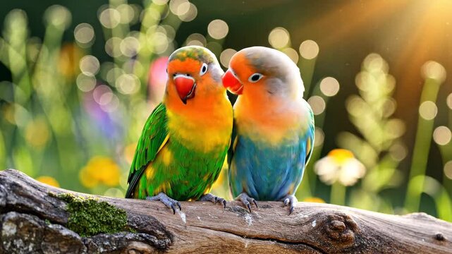 Two colorful lovebirds sitting closely on a natural wooden branch on nature background