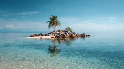 Tropical paradise with a small rocky island and a lone palm tree in clear turquoise water