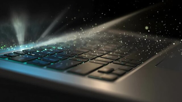 Medium frame showcasing UV rays cleaning a chiclet keyboard highlighting gentle disinfection for modern laptop style keys.