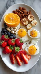 A visually appealing balanced breakfast plate featuring fruits, whole grains, and proteins for a healthy lifestyle.