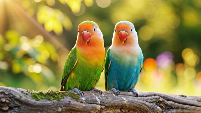 Two colorful lovebirds sitting closely on a natural wooden branch on nature background