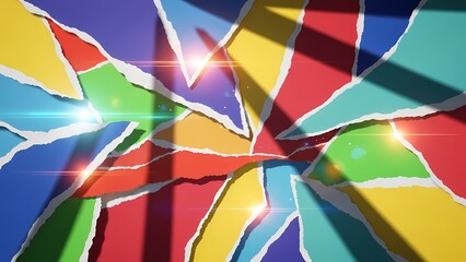 Fototapeta premium A dynamic collage of brightly colored torn paper pieces creating an abstract geometric pattern.
