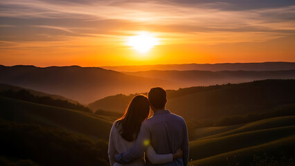 Couple embracing in silhouette against a vibrant sunset over rolling hills