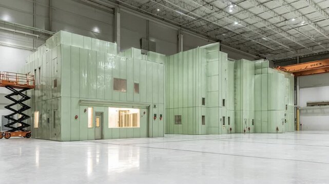 Medium shot of industrial electromagnetic pulse shielding panels affixed to factory walls highlighting robust defense for manufacturing electronics against EMP effects.