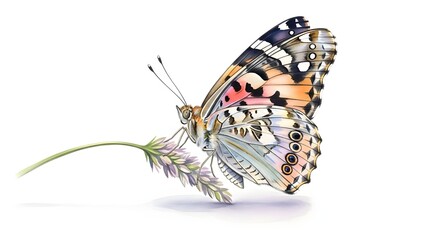 Fototapeta premium A detailed watercolor illustration of a painted lady butterfly perched delicately on a slender stalk of dried grass with a white background.