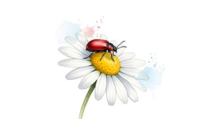 A vibrant red beetle rests on a delicate white daisy flower with a bright yellow center, illustrated in a watercolor style against a clean white background.