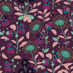 Floral surface design featuring hand drawn wild blooms and leaves for textile printing and commercial packaging.