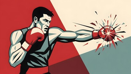 A dynamic graphic illustration of a male boxer throwing a powerful punch with an impact effect.