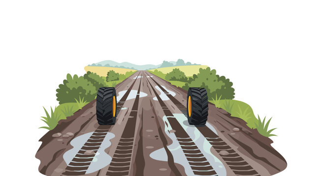 Muddy rural road stretches into the distance with large tractor tire tracks, showcasing a challenging off-road environment.