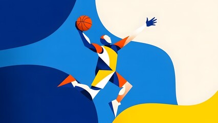 Dynamic graphic illustration of a basketball player in mid-air with a ball, set against a colorful abstract background.