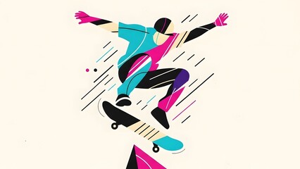 A vibrant, graphic illustration of a skateboarder performing an ollie trick with dynamic lines and geometric shapes in a modern, abstract style.