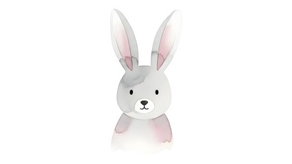 Obraz premium Cute watercolor illustration of a grey and white rabbit with long ears and pink accents, depicted in a soft, artistic style on a white background.