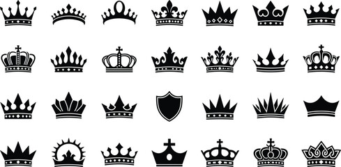 Large collection of black royal crown silhouettes and heraldic tiara icons set isolated on white background for king queen prince or luxury branding design. © MDBABULU