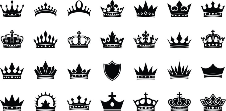 Large collection of black royal crown silhouettes and heraldic tiara icons set isolated on white background for king queen prince or luxury branding design.