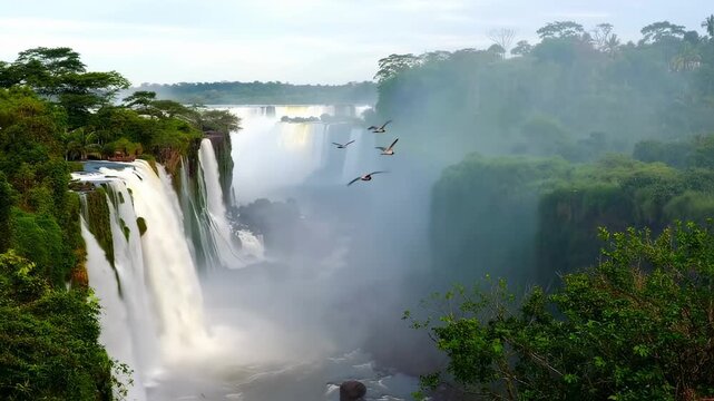 Majestic waterfalls cascade into a misty chasm with lush green cliffs and birds in flight