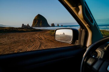 Oregon Coastline Reflection in Car Rearview Mirror